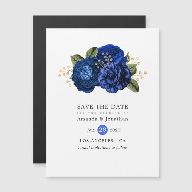 Convite Magnético Casamento Floral Real Azul e Dourado Salvar a Data (Frente/Verso)