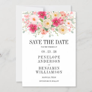 Convite Magnético Casamento Floral Rosa Brilhante com Aquarela Moder