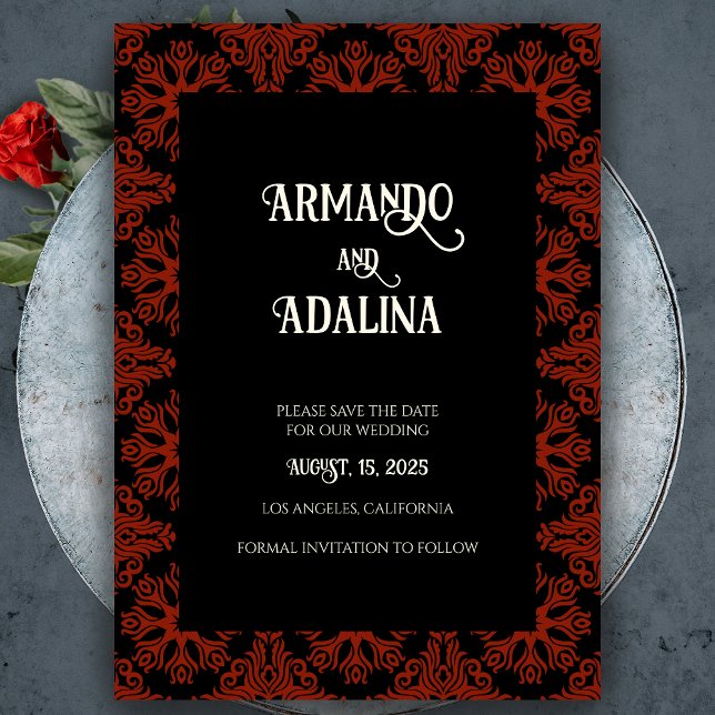 Convite Magnético Casamento Gótico Floral Negro e Vermelho Salvar a  (Black and Red Floral Gothic Wedding Save the Date Magnetic Invitation)