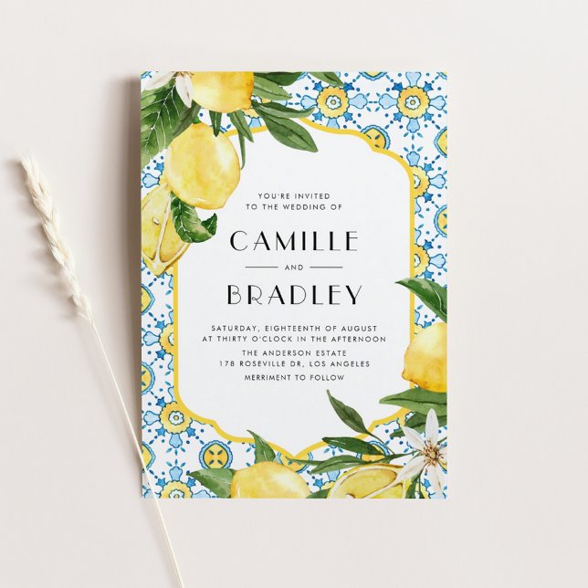Convite Magnético Casamento mediterrânico entre o Azulejo e os limõe (Watercolor Moroccan Tile and Lemon Design Mediterranean Wedding Invitation Magnet)