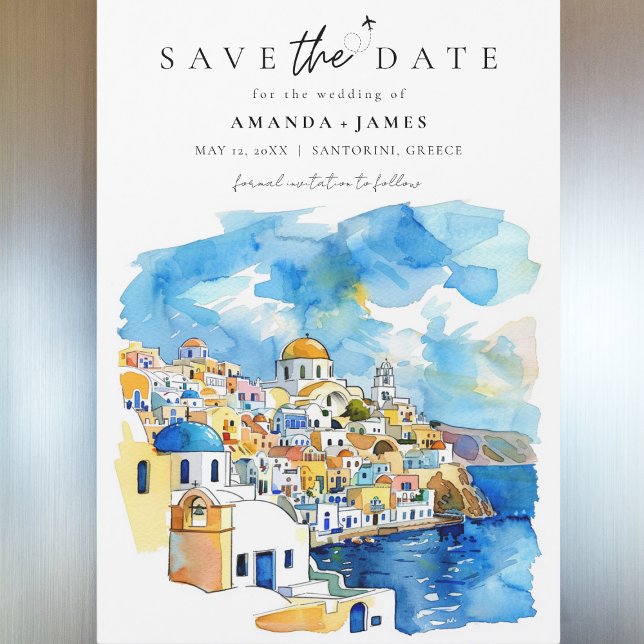 Convite Magnético Casamento na Grécia Destino Elegante Salvar a Data (Save the Date magnet featuring a watercolor illustration of Santorini, Greece, with vibrant blue.)