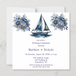 Convite Magnético Casamento Náutico de Barco à Vela Azul Marinho e D