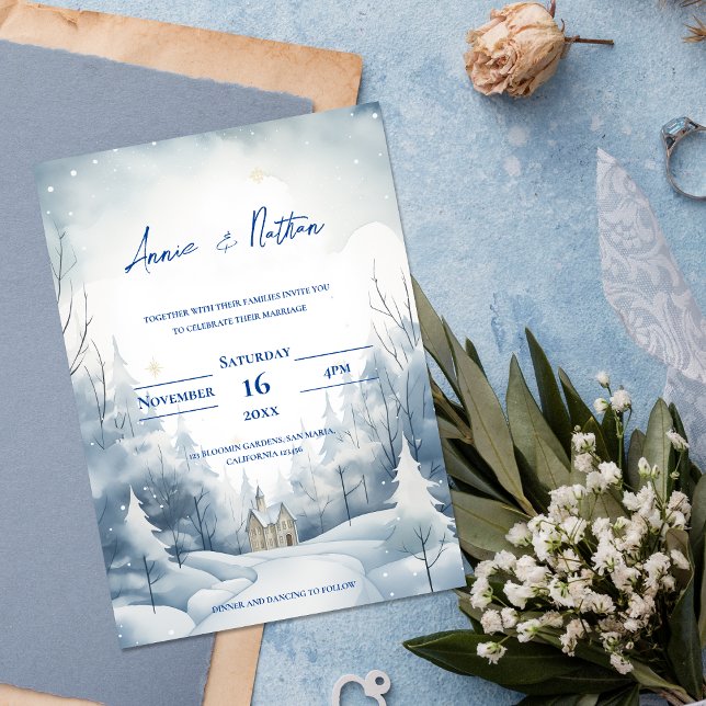 Convite Magnético Casamento no inverno de Paisagem de Neve Bonita (Cute Snowy Landscape Winter Wedding Magnetic Invitation)
