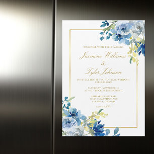 Convite Magnético Casamento no inverno Floral Elegante Dourado Azul