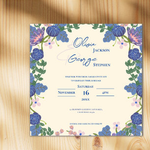 Convite Magnético Casamento no Jardim com Florais Azuis e Românticos