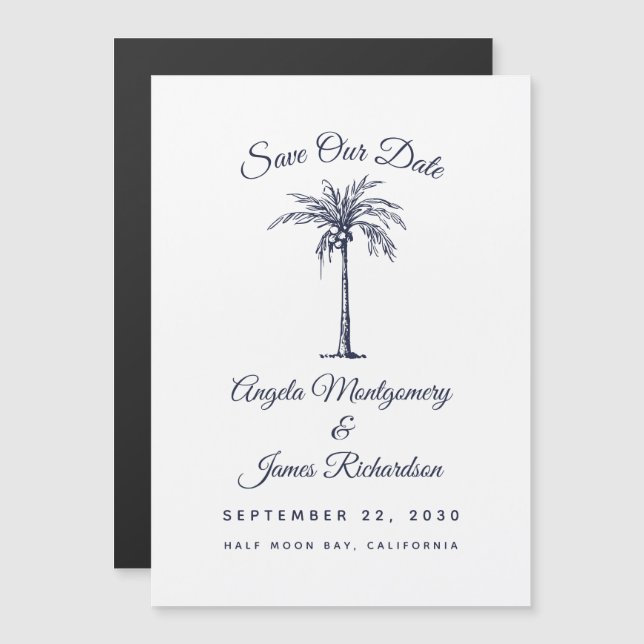 Convite Magnético Casamento no Palm Beach Azul Marinho Moderno Salva (Frente/Verso)