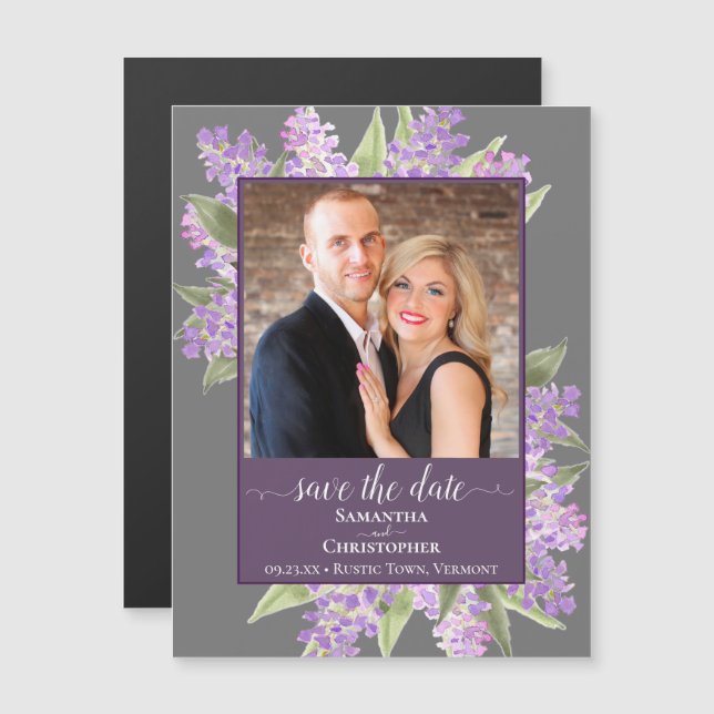 Convite Magnético Casamento Rustic Lilacs & Photo Cinza Salvem a Dat (Frente/Verso)