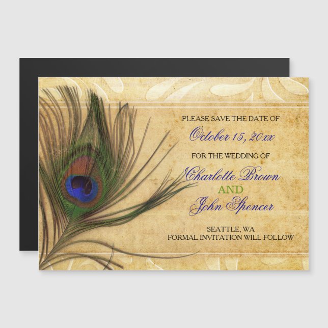 Convite Magnético Casamento Rustic Peacock Feather salvar a data (Frente/Verso)