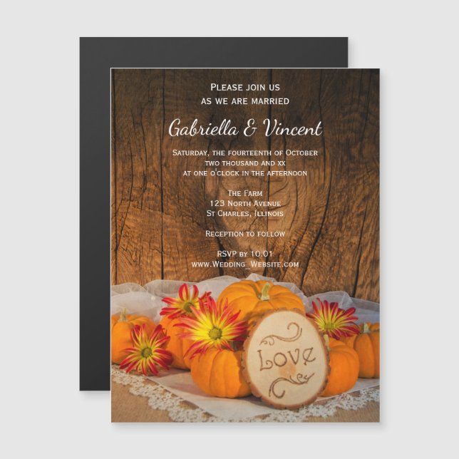 Convite Magnético Casamento Rustic Pumpkins Fall Barn (Frente/Verso)