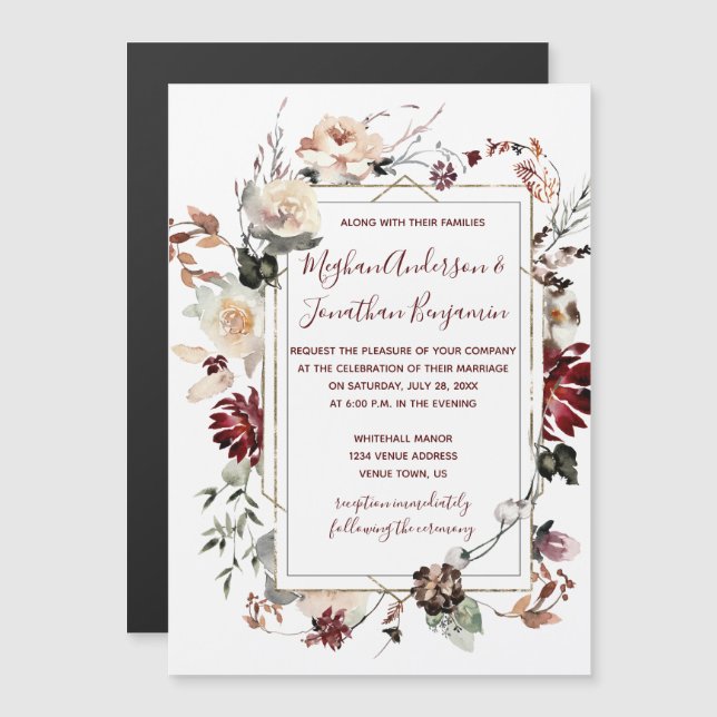 Convite Magnético Casamento Rustic Winter Bloom Floral Burgundy | (Frente/Verso)