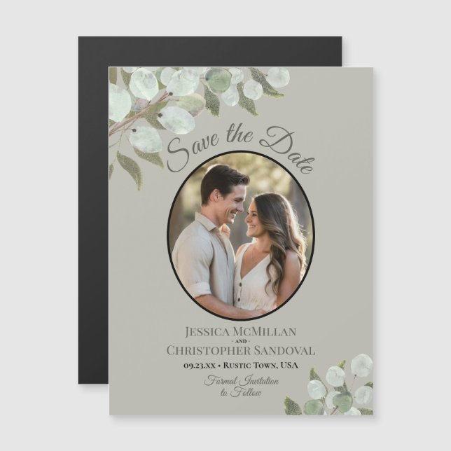 Convite Magnético Casamento Salvar a Data Foto & Folhagem Sage (Frente/Verso)