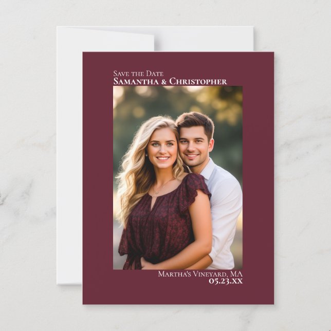 Convite Magnético Casamento Salvar a Data Vertical Foto Burgundy (Frente)