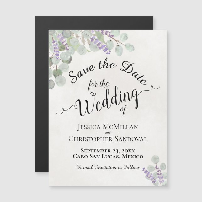 Convite Magnético Casamento Salve a data Eucalyptus e Lavanda White (Frente/Verso)