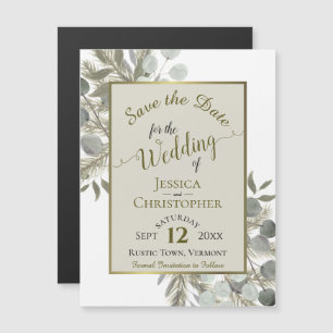 Convite Magnético Casamento Salve a Data Ouro Pine & Greenery Taupe
