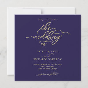 Convite Magnético Casamento Simples Chic Dourado Azul Marinho
