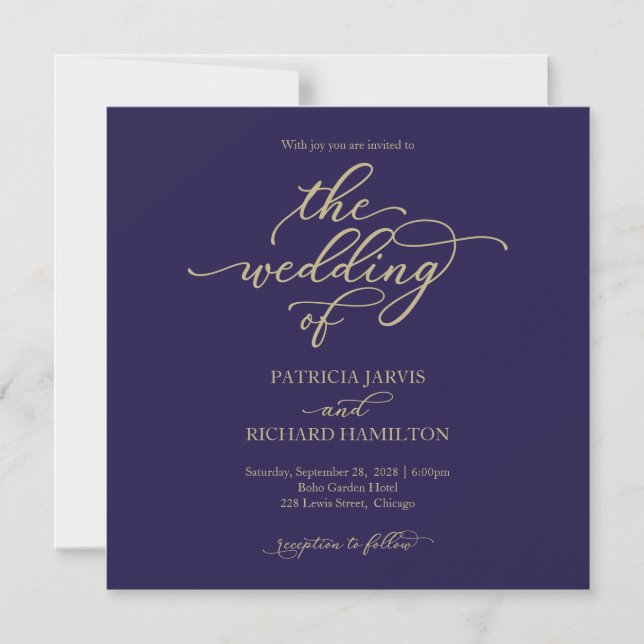 Convite Magnético Casamento Simples Chic Dourado Azul Marinho (Frente)
