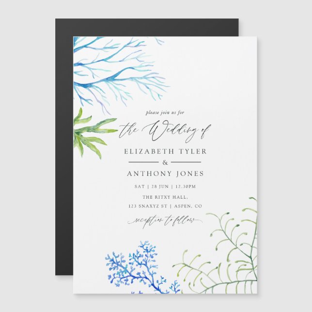 Convite Magnético Casamento Temático de Algas Marinhas em Aquarela (Frente/Verso)