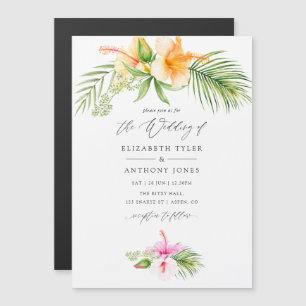 Convite Magnético Casamento Tropical Floral à Beira-Mar com Aquarela