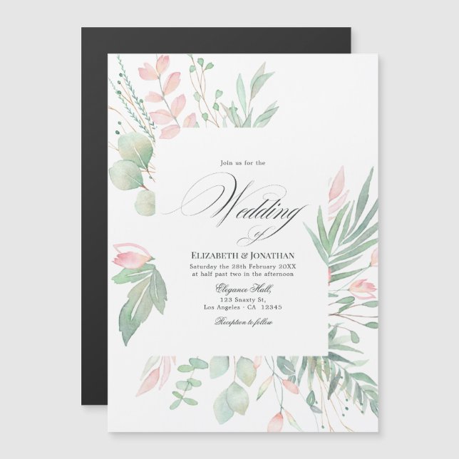 Convite Magnético Casamento Verde com Rosa Pastel (Frente/Verso)
