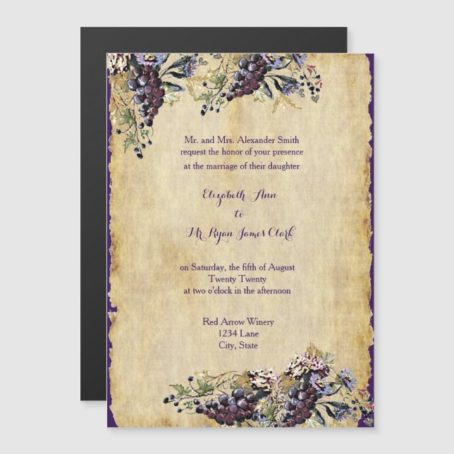 Convite Magnético Casamento Vinícola Vinhedo Aquarela Vinhas de Uva (Frente/Verso)