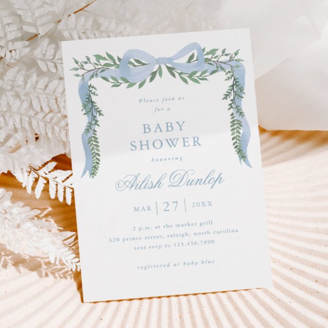 Convite Magnético Chá de Bebê Menino com Laço Azul Elegante e Folhag (Elegant Blue Bow Greenery Boy Baby Shower Magnetic Invitation.)