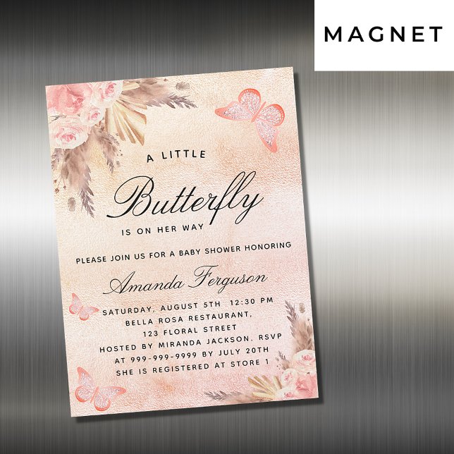 Convite Magnético Chá de fraldas borboleta blush pampas relva (Criador carregado)