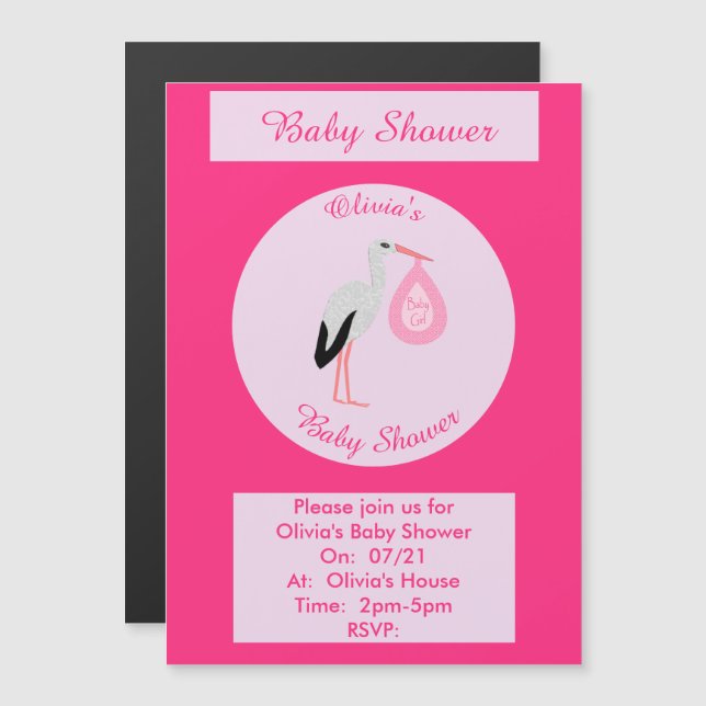 Convite Magnético Chá de fraldas Personalizado De Bebê Rosa bonito S (Frente/Verso)