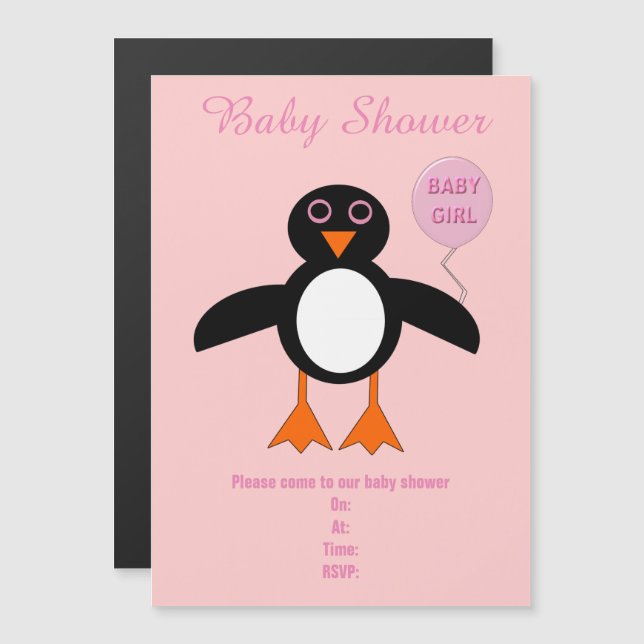 Convite Magnético Chá de fraldas Personalizado De Pinguinha Rosa-Ros (Frente/Verso)