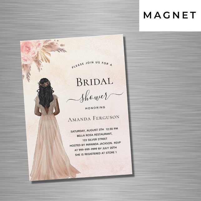 Convite Magnético Chá de panela de noiva rosa dourada pampas luxo (Criador carregado)