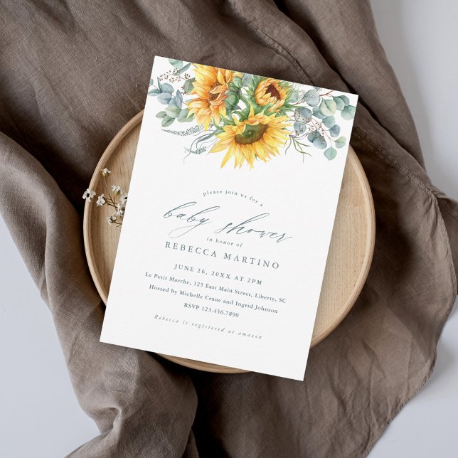 Convite Magnético Chá de panela Russo de Girassol Elegante (Elegant sunflower and eucalyptus bridal shower magnetic invitation with modern script.)