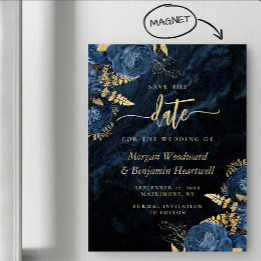 Convite Magnético Chic Azul Marinho Dourado Floral Casamento Salve a