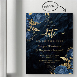 Convite Magnético Chic Azul Marinho Dourado Floral Casamento Salve a