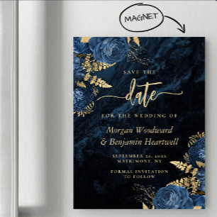 Convite Magnético Chic Azul Marinho Dourado Floral Casamento Salve a
