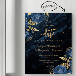 Convite Magnético Chic Azul Marinho Dourado Floral Casamento Salve a