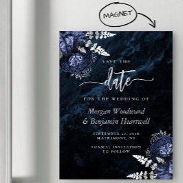 Convite Magnético Chic Azul Marinho Floral Prata Casamento Save the 