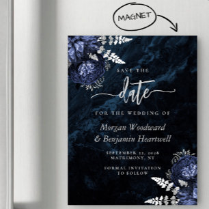 Convite Magnético Chic Azul Marinho Floral Prata Casamento Save the 