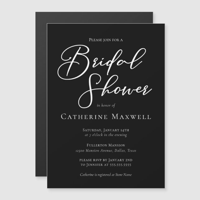 Convite Magnético Chic Black White Bridal Shower Personalized (Frente/Verso)