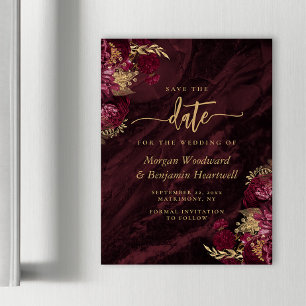 Convite Magnético Chic Burgundy Dourado Floral Casamento Save the Da