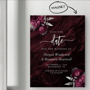 Convite Magnético Chic Burgundy Prata Floral Casamento Save the Date