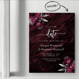 Convite Magnético Chic Burgundy Prata Floral Casamento Save the Date