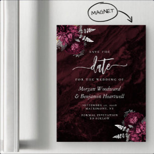Convite Magnético Chic Burgundy Prata Floral Casamento Save the Date