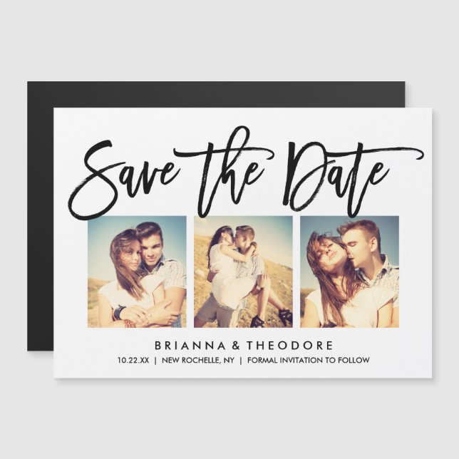 Convite Magnético Chic Hand Lettered Save The Date Photo Collage (Frente/Verso)