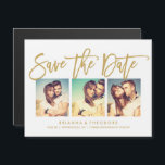 Convite Magnético Chic Hand Lettered Save The Date Photo Collage<br><div class="desc">Esta elegante e moderna imã salve a data de 3 fotos apresenta uma bela letra de pincel em ouro. Visite o compro para ver o resto da coleção da suíte Dourada de Tipografia Chic.</div>