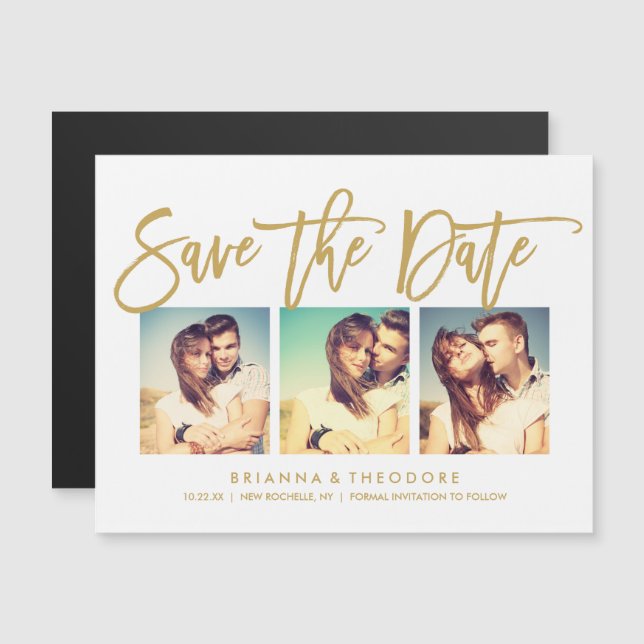 Convite Magnético Chic Hand Lettered Save The Date Photo Collage (Frente/Verso)