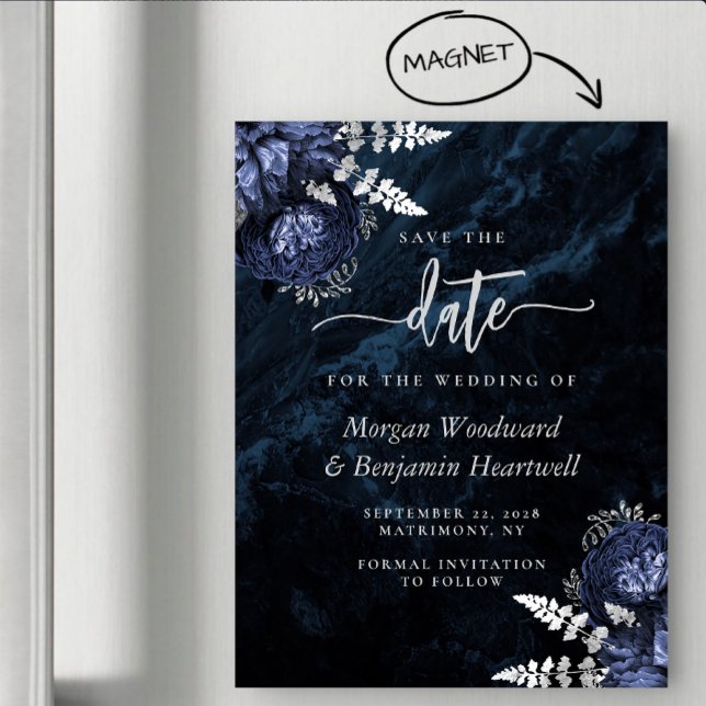 Convite Magnético Chic Navy Blue Silver Floral Wedding Save the Date (Criador carregado)