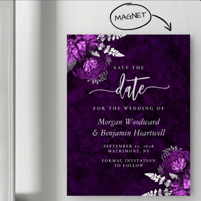 Convite Magnético Chic Plum Silver Floral Wedding Save the Date (Criador carregado)
