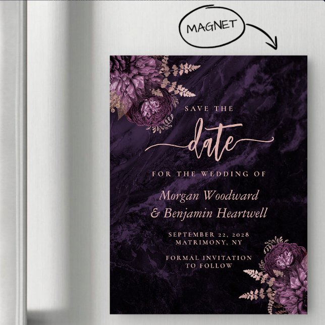 Convite Magnético Chic Purple Rose Gold Floral Wedding Save the Date (Criador carregado)