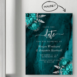 Convite Magnético Chic Teal Prata Floral Casamento Salve a Data