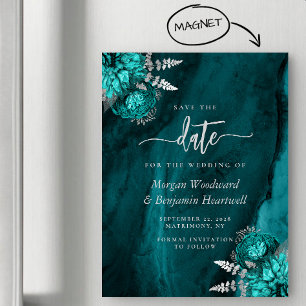 Convite Magnético Chic Teal Prata Floral Casamento Salve a Data