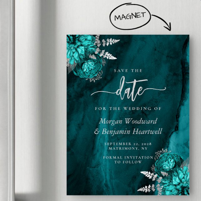 Convite Magnético Chic Teal Prata Floral Casamento Salve a Data (Criador carregado)